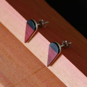 Purple wooden earrings with a triangular shape
