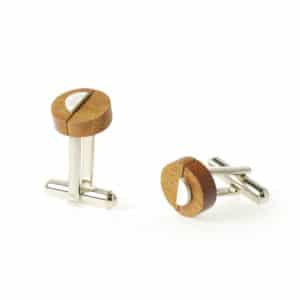 Brown circular cufflinks with a half circle of silver on top